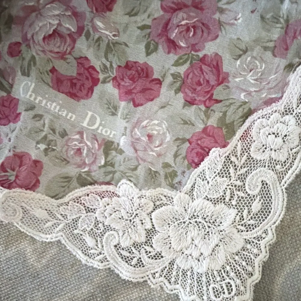 Vintage Christian Dior Floral Lace Handkerchief Pocket Square Pink Rose Cotton